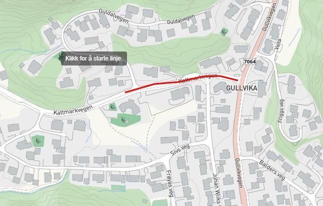 Kart over vegstrekning som skal asfalteres i Kattmarkvegen i Namsos - Klikk for stort bilde