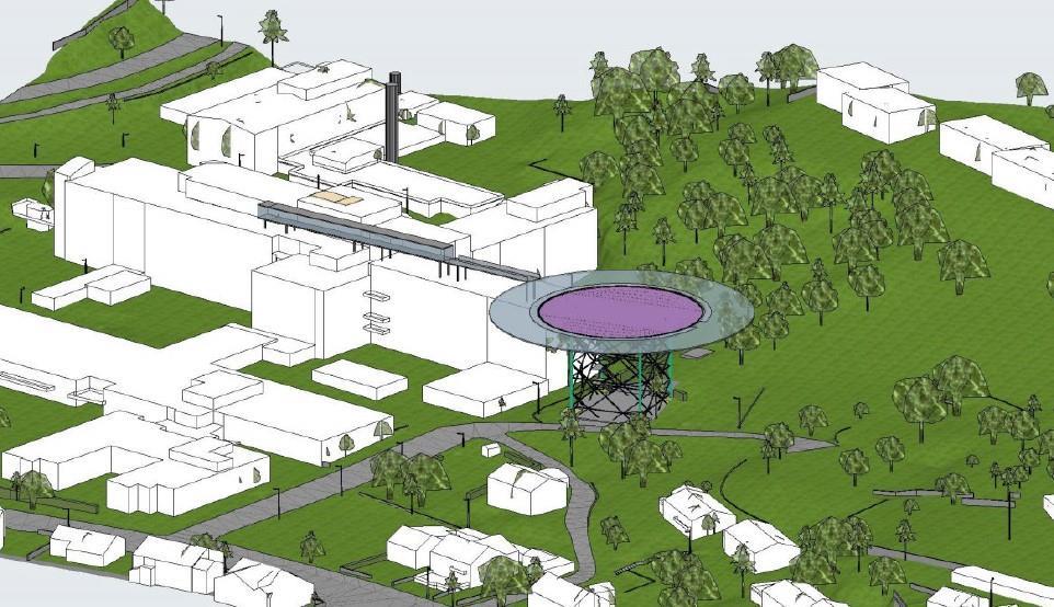 Skisse som viser Namsos sykehus med ny helikopterlandingsplass på høyre side - Klikk for stort bilde