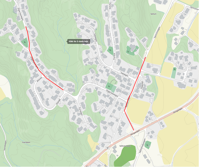 Kart med rød markering av to gater - Klikk for stort bilde