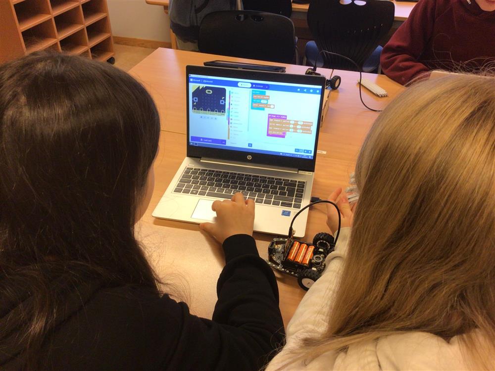 To elever sitter og arbeider med koding på bærbar PC - Klikk for stort bilde