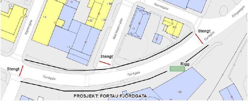 Kart som viser hvor Fjordgata blir stengt - Klikk for stort bilde