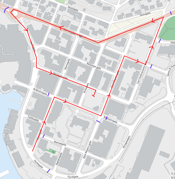 Kart over ny rute i folketoget i Namsos sentrum - Klikk for stort bilde