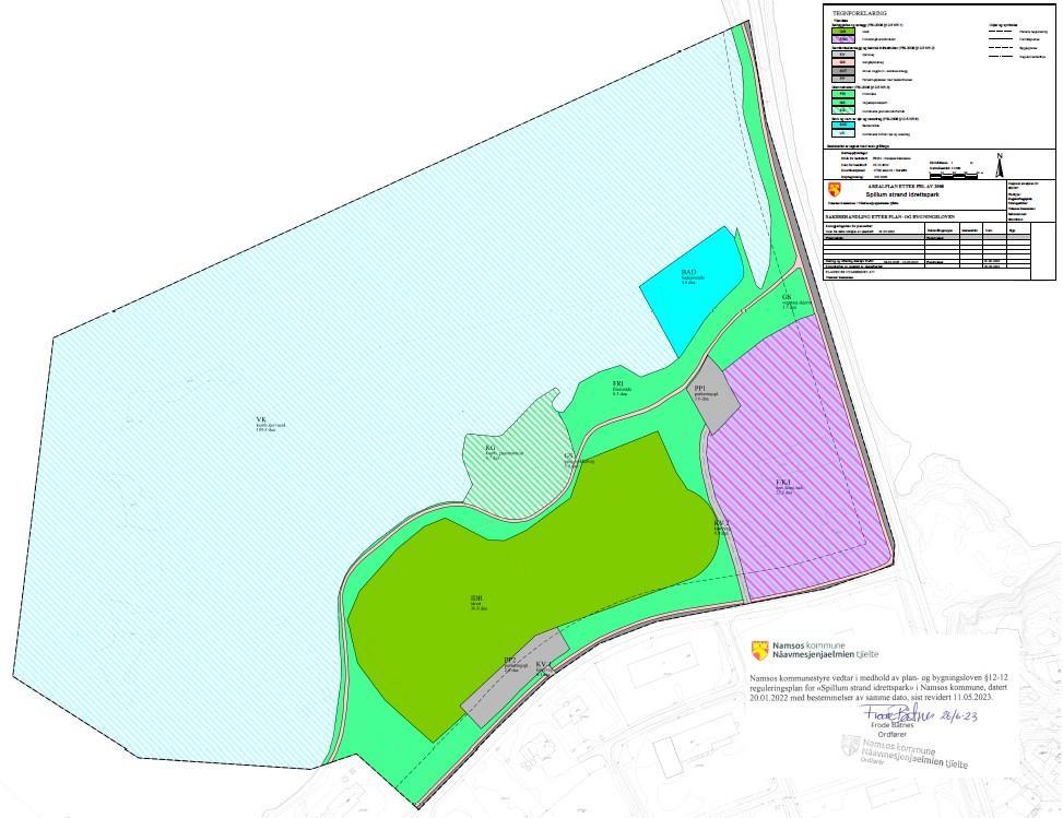 Plankart over Spillums strand idrettspark med farger etter ulike reguleringsformål - Klikk for stort bilde