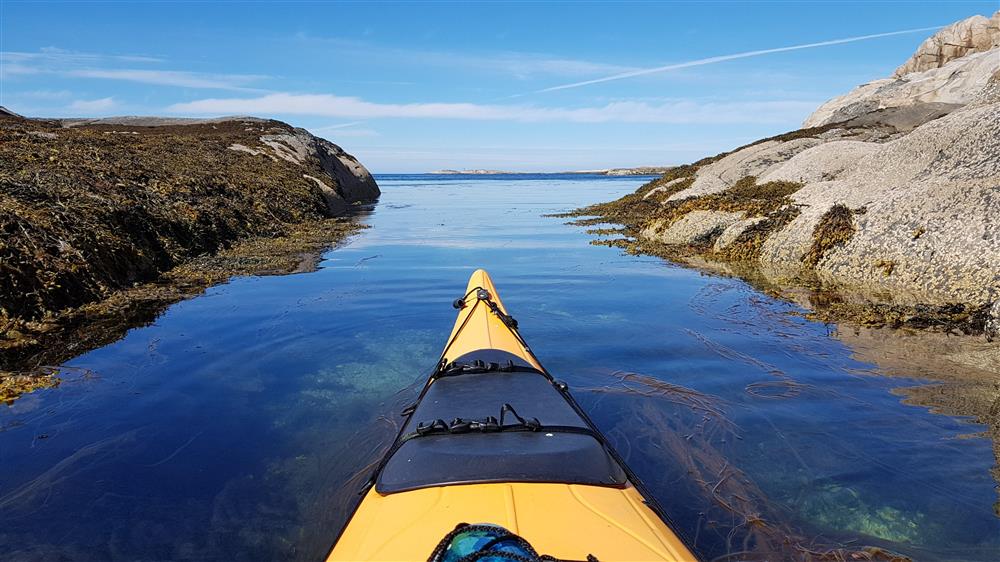 Gul kajakk på sjøen, Kvaløysæter i Flatanger - Klikk for stort bilde