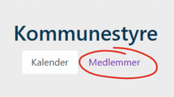Utsnitt av en nettside med overskriften «Kommunestyre» og to valg: «Kalender» i sort tekst på hvit bakgrunn og «Medlemmer» i lilla tekst, som er markert med en rød sirkel. - Klikk for stort bilde