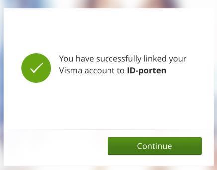 Skjembilde av melding "you have succsessfully linked your Visma account to ID-porten" - Klikk for stort bilde