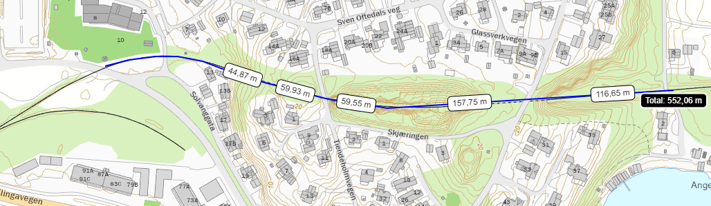 Kart som viser jernbanetraséen mellom Solvang og Angelskjæret i Namsos sentrum. - Klikk for stort bilde