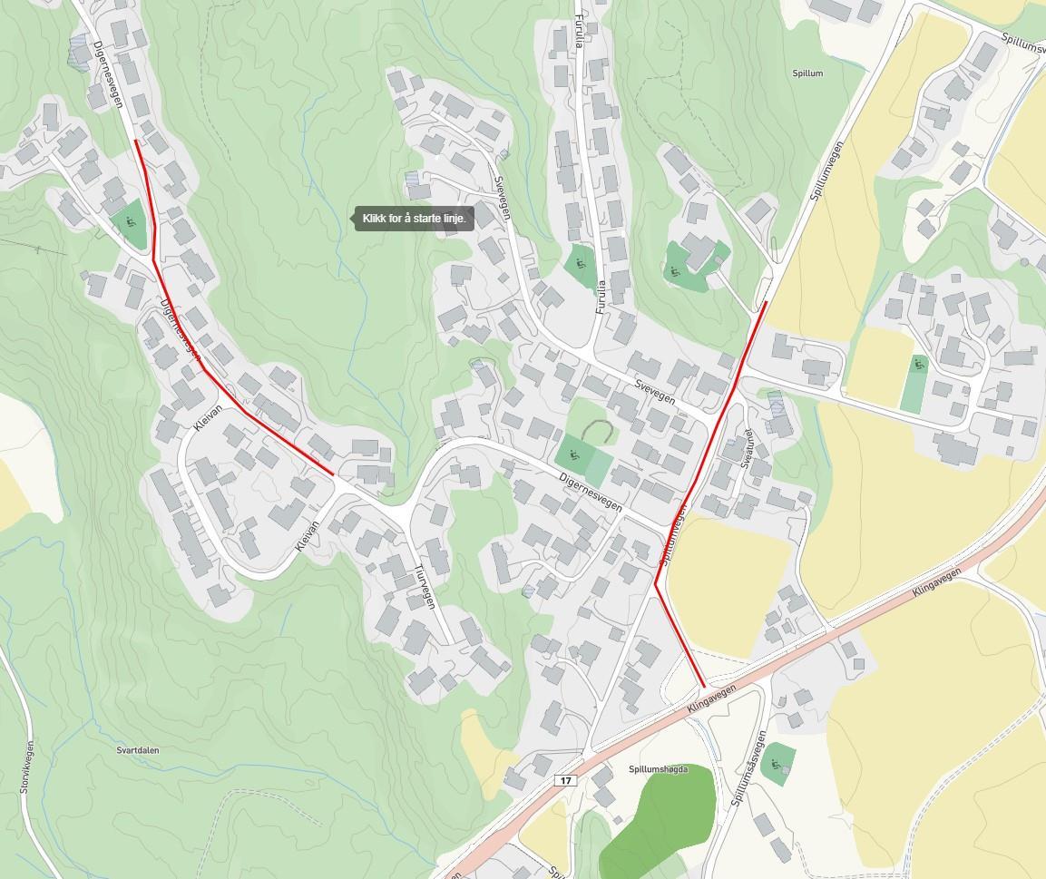 Kart over Kammen på Spillum, avmerket område med rødt - Klikk for stort bilde