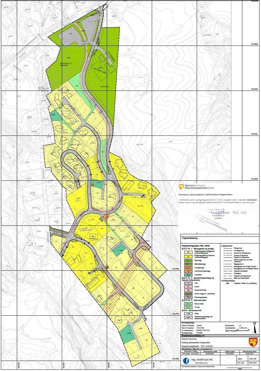 Reguleringsplankart over Spillumsåsen boligområde med farger etter reguleringsformål - Klikk for stort bilde