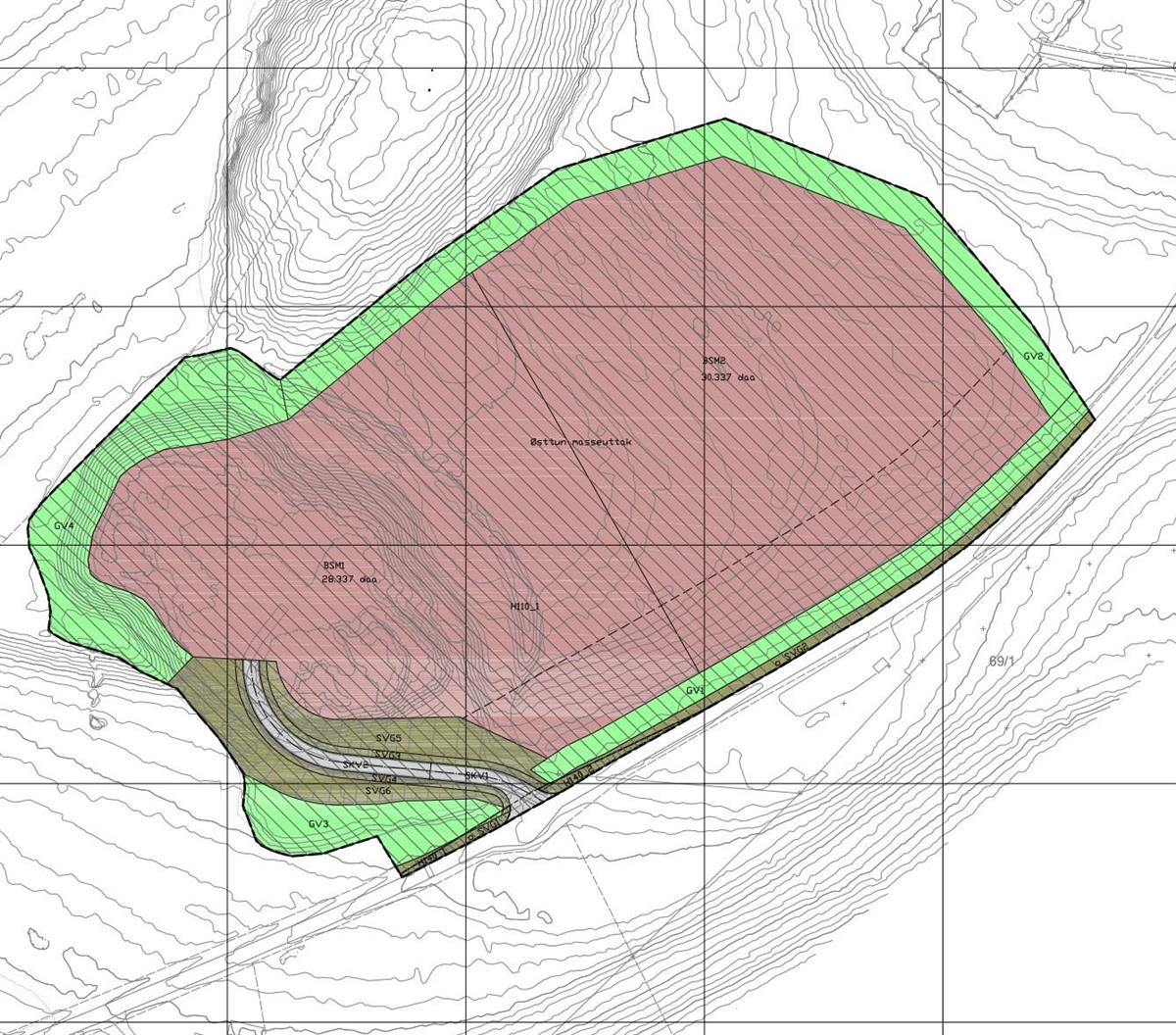 Kartutsnitt som viser reguerlingsformål for østtun masseutak - Klikk for stort bilde