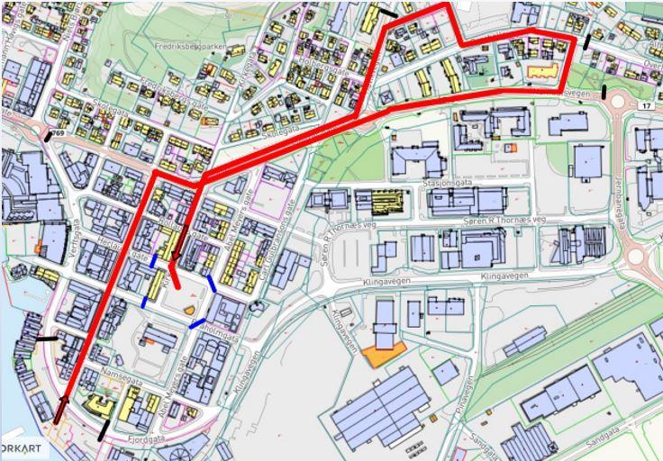 Kartutsnitt Namsos sentrum, opptegnet rute for folketoget, 17. mai 2023 - Klikk for stort bilde