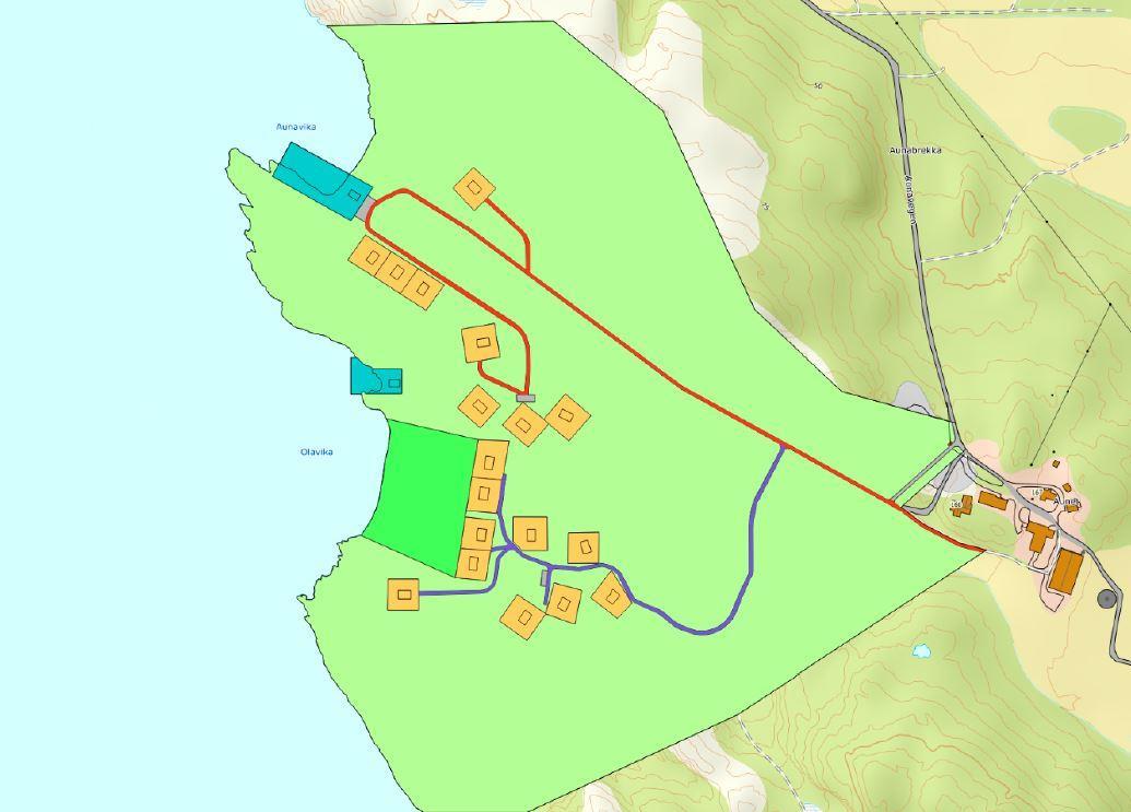Kart over Olavika hytteområde på Jøa - Klikk for stort bilde