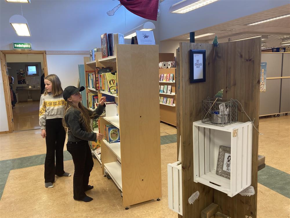 To jenter på biblioteket på Vestbyen skole - Klikk for stort bilde