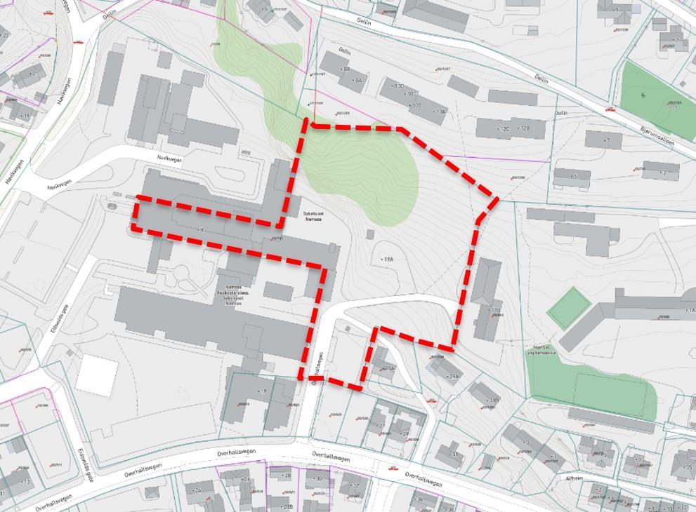 Kartbildet over Namsos sykehus med omriss av reguleringsplan for ny helikopterlandingsplass - Klikk for stort bilde