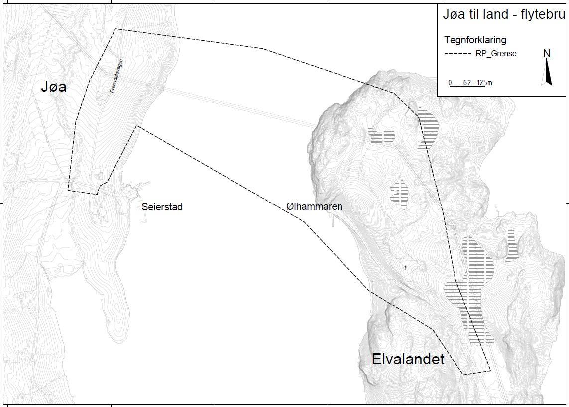 Kartbilde med stiplet linje som viser planomriss for området til bru til Jøa  - Klikk for stort bilde